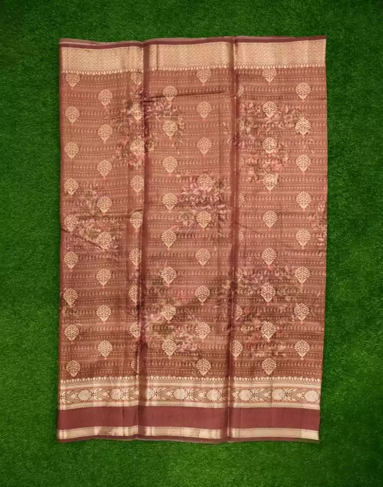 Image of Brown Floral Pure Dupion Saree