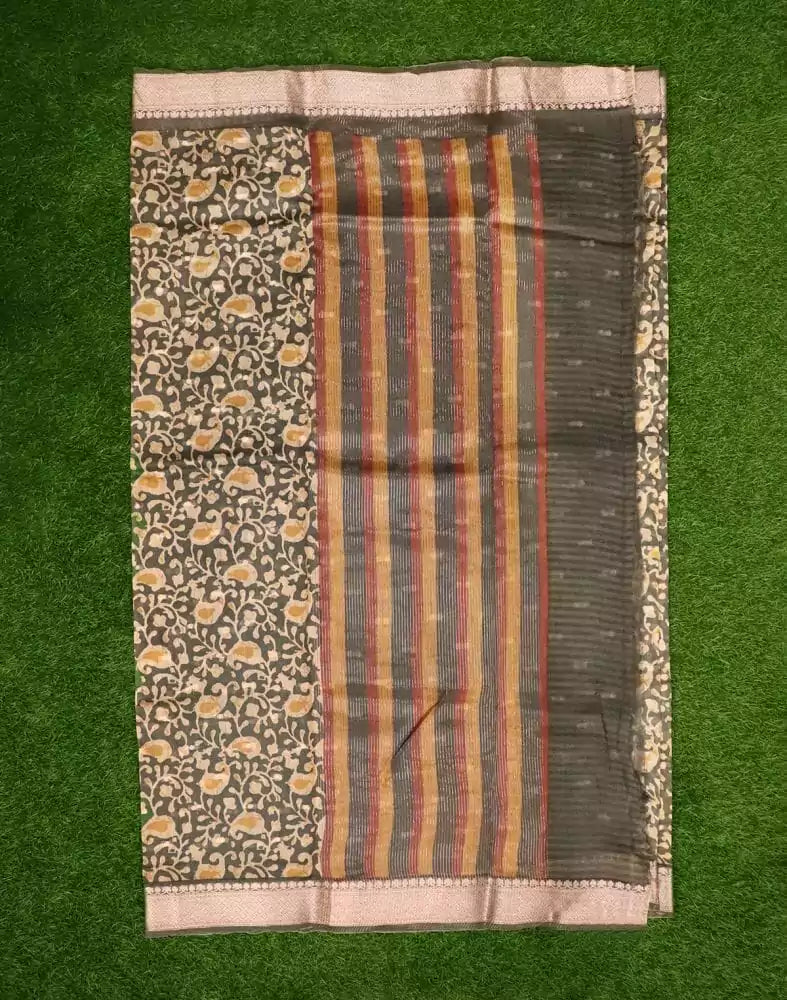 Image of Grey Paisley Chanderi Hand Printed Saree