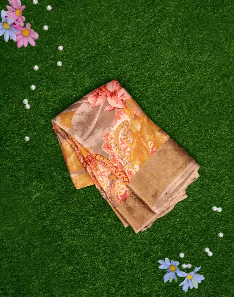 Image of Beige Floral Pure Italian Crape Digital Print Saree