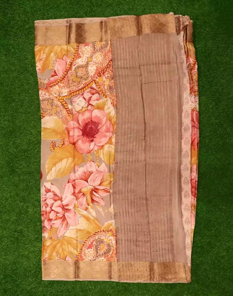 Image of Beige Floral Pure Italian Crape Digital Print Saree