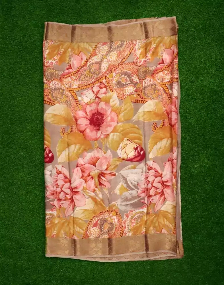 Image of Beige Floral Pure Italian Crape Digital Print Saree