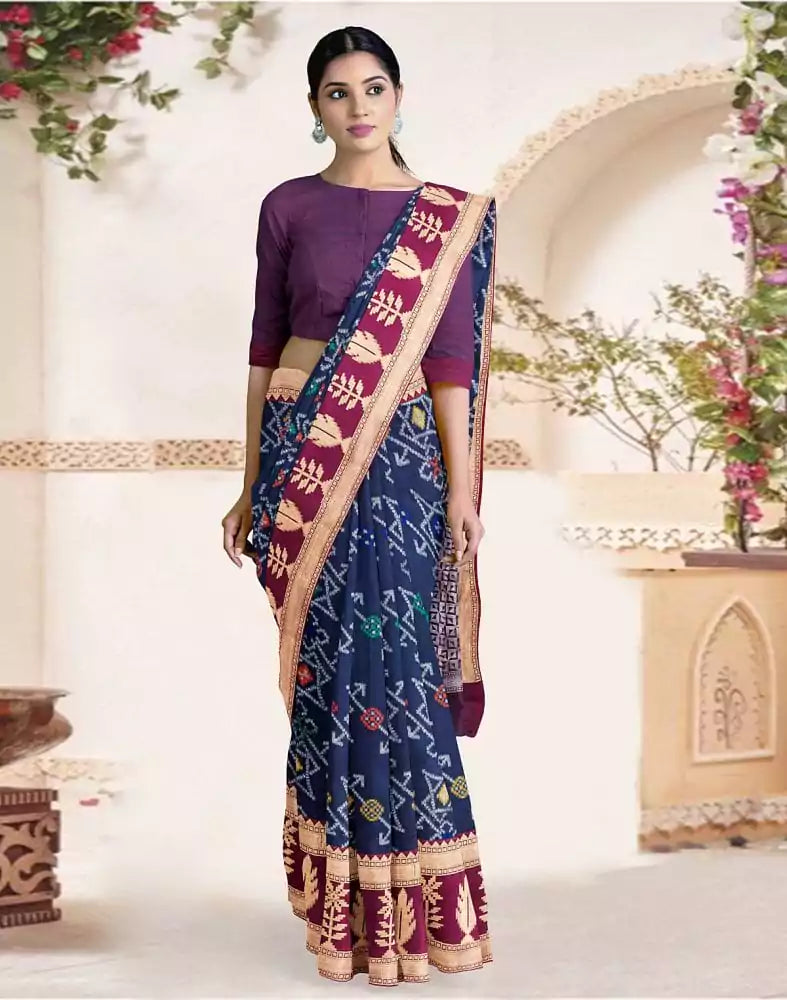 Image of Navy Blue Ikat Soft Silk Weave Saree with contrast blouse