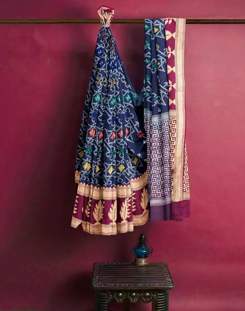 Image of Navy Blue Ikat Soft Silk Weave Saree with contrast blouse