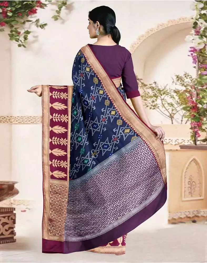 Image of Navy Blue Ikat Soft Silk Weave Saree with contrast blouse