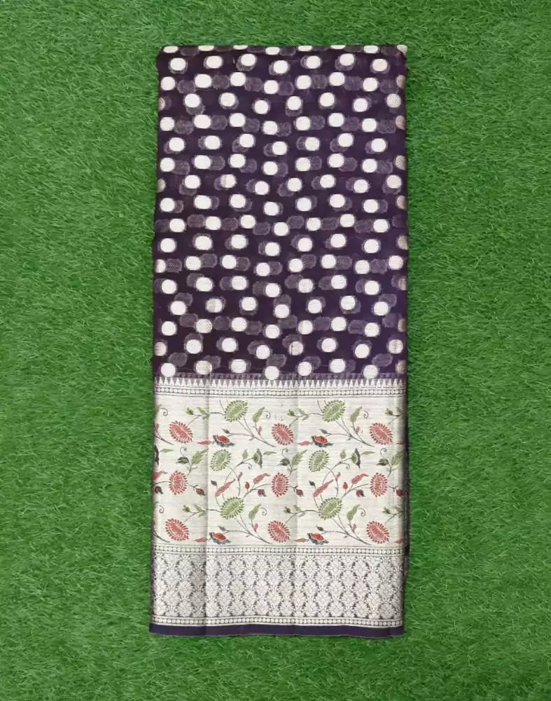 Image of Navy Blue Polka Dots Booti Organza Saree
