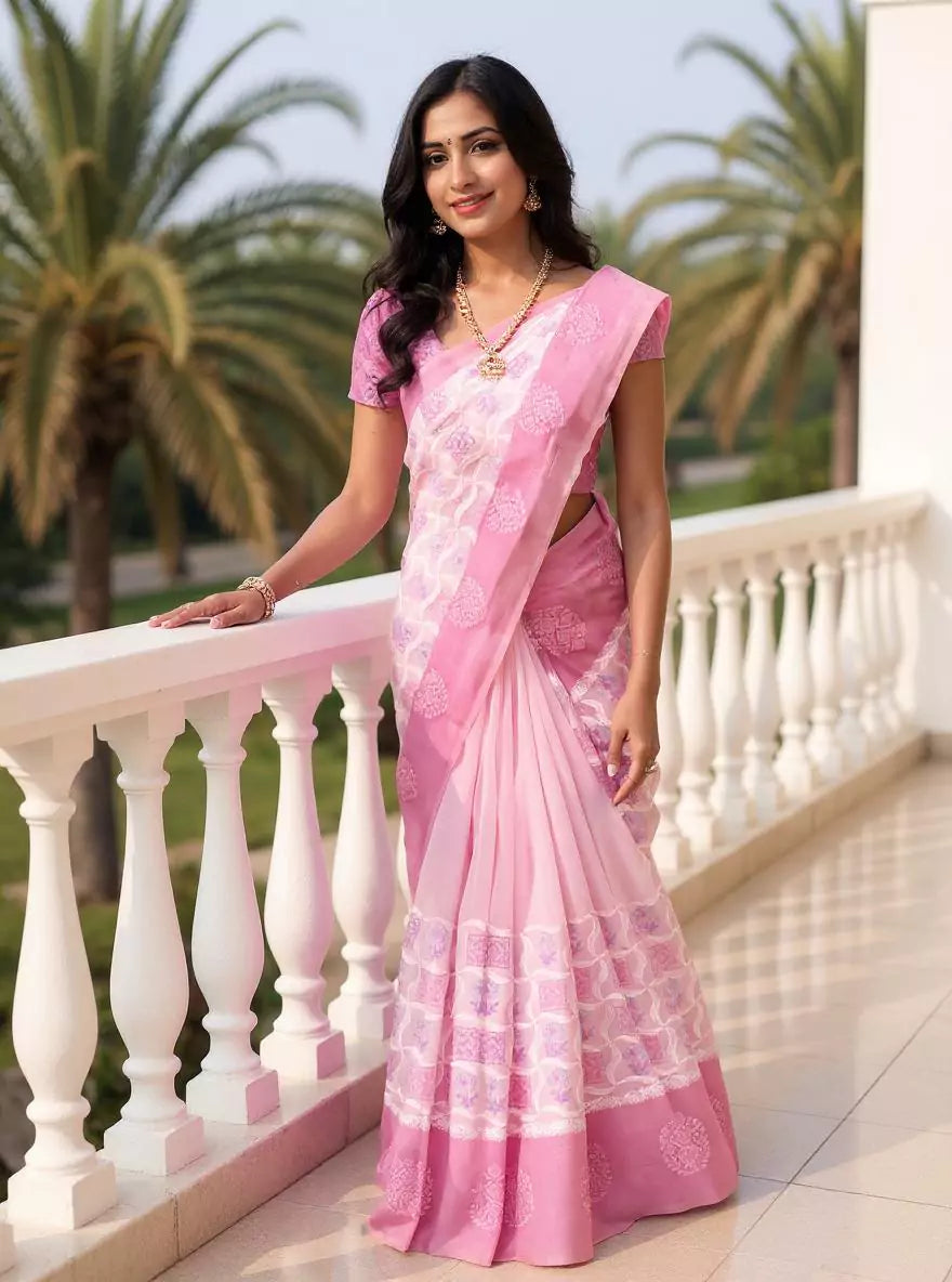 Image of Floral Hand Print Light Pink Tussar Jute Saree