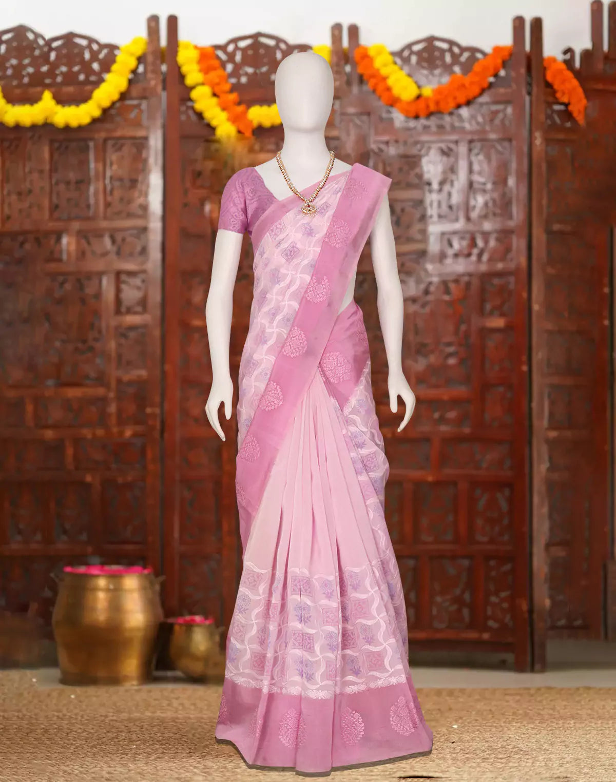 Image of Floral Hand Print Light Pink Tussar Jute Saree