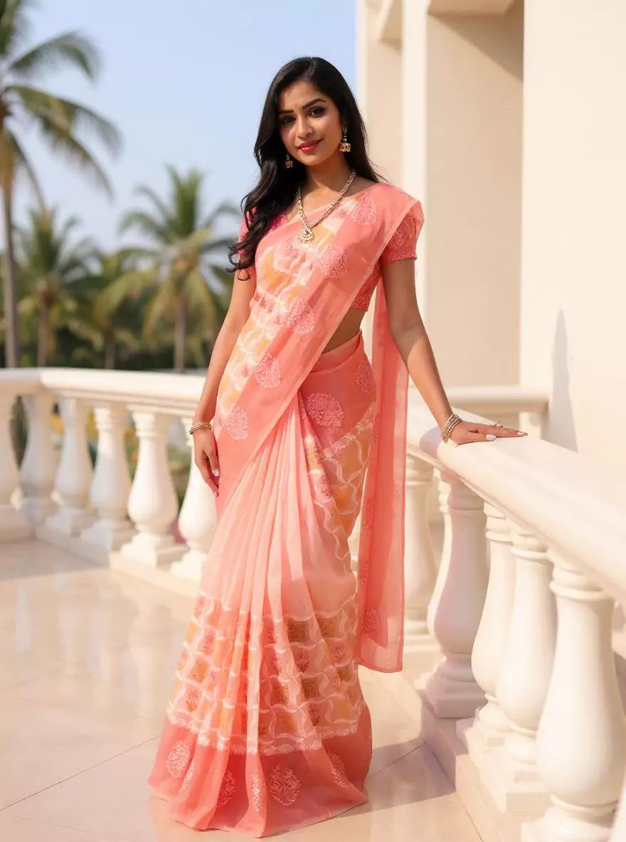 Image of Peach Floral Hand Print Tussar Jute Saree