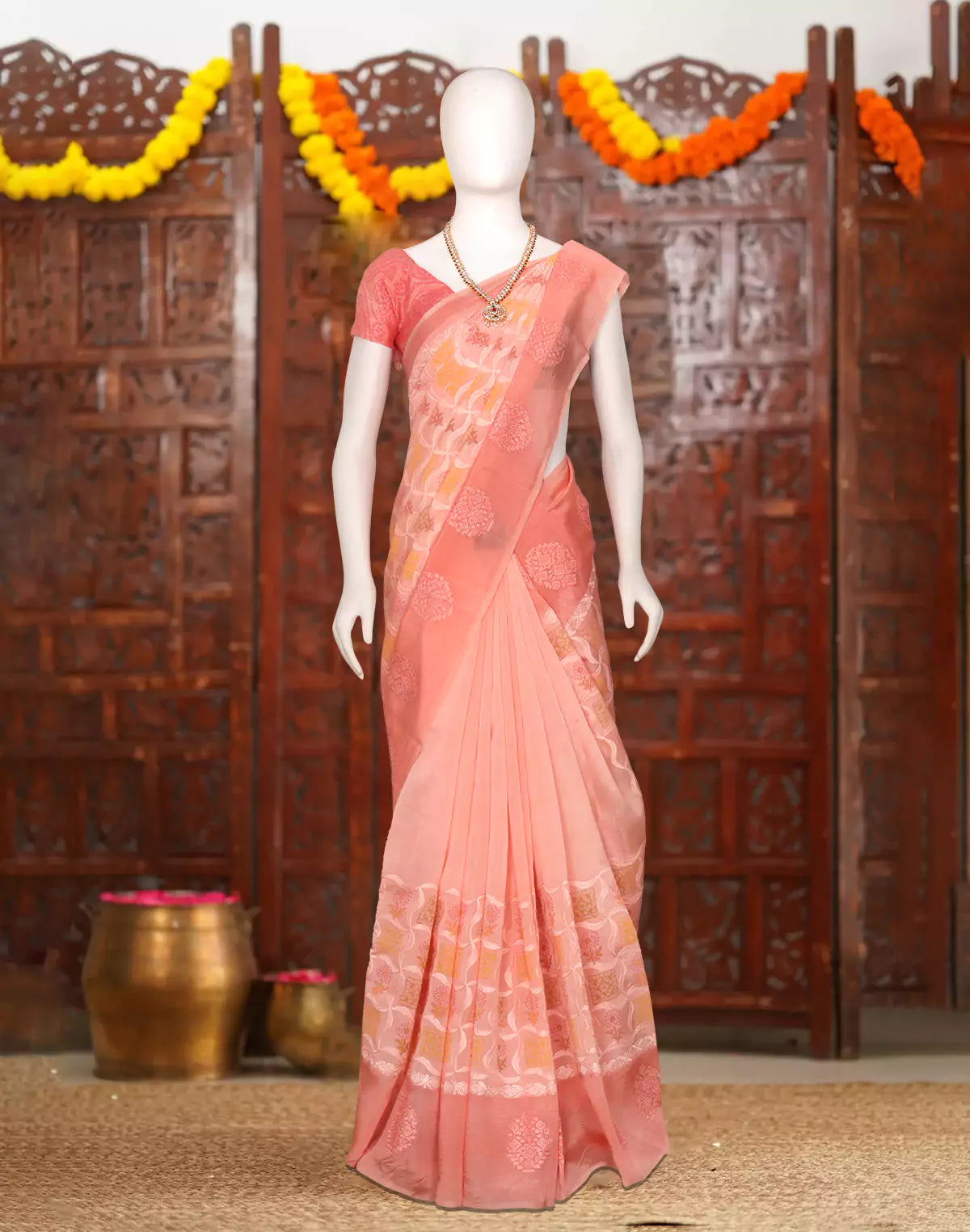 Image of Peach Floral Hand Print Tussar Jute Saree