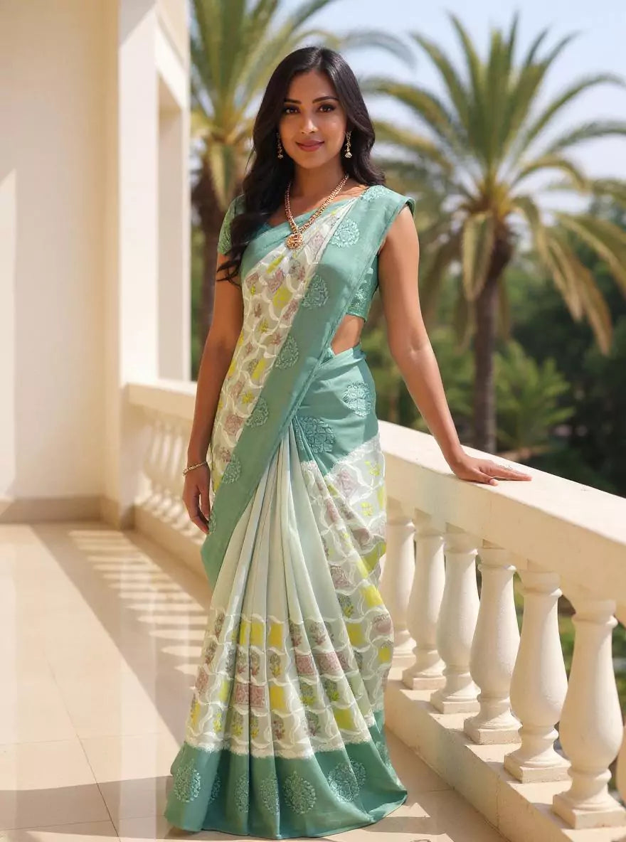 Image of Light Grey Floral Hand Print Tussar Jute Saree