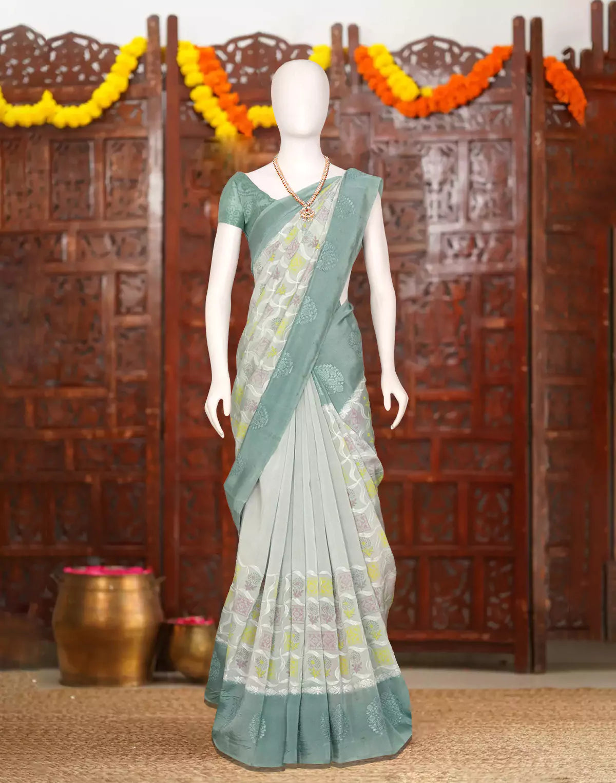 Image of Light Grey Floral Hand Print Tussar Jute Saree