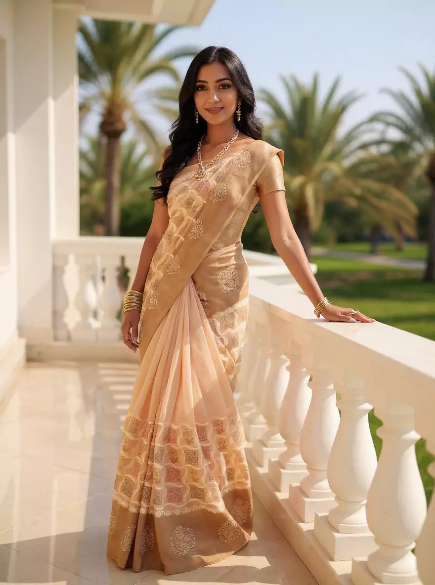 Image of Beige Floral Hand Print Tussar Jute Saree