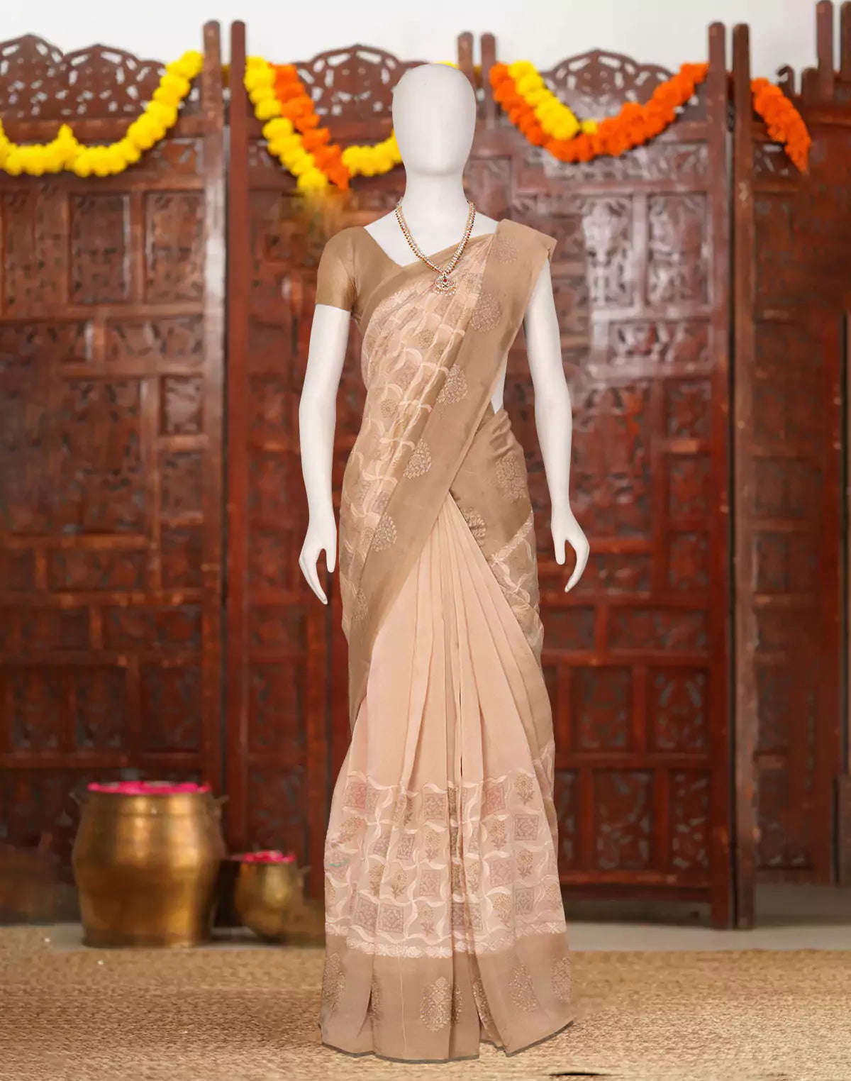 Image of Beige Floral Hand Print Tussar Jute Saree