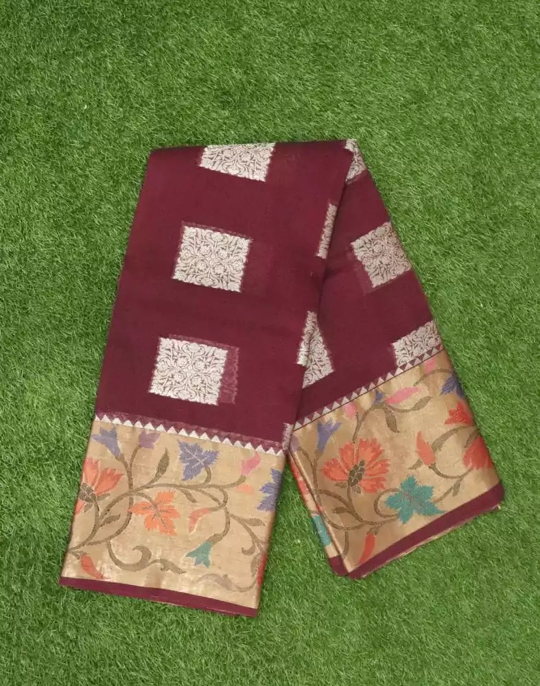 Image of Maroon Floral Butta Organza Saree