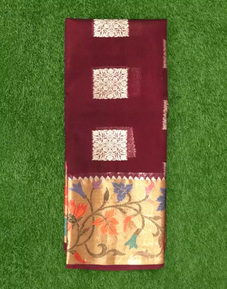 Image of Maroon Floral Butta Organza Saree