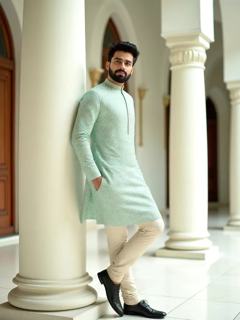 Image of Sage Green Self Design Jacquard Stylish Kurta Pyjama Set - South India Shopping Mall