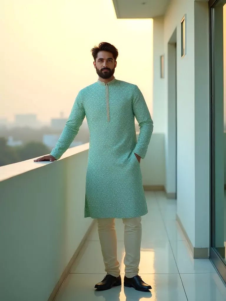 Image of Sage Green Self Design Jacquard Stylish Kurta Pyjama Set - South India Shopping Mall