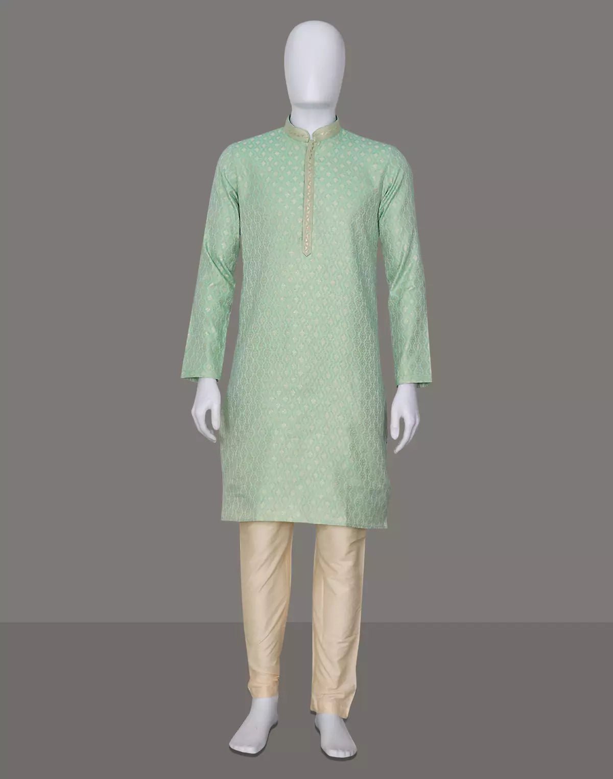 Image of Sage Green Self Design Jacquard Stylish Kurta Pyjama Set - South India Shopping Mall