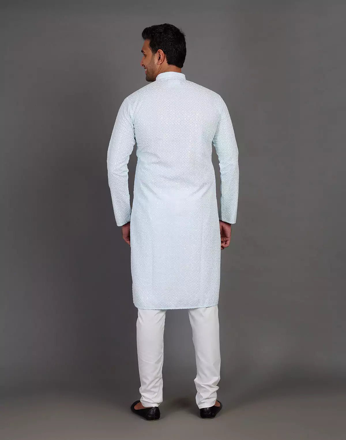 Image of Sea Blue Self Thread and Sequence Design Georgette Kurta Pyjama Set - South India Shopping Mall