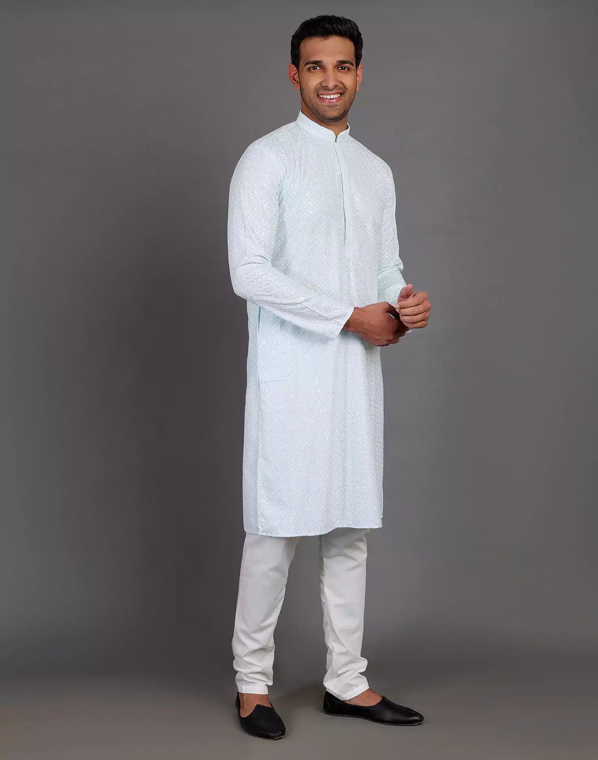 Image of Sea Blue Self Thread and Sequence Design Georgette Kurta Pyjama Set - South India Shopping Mall