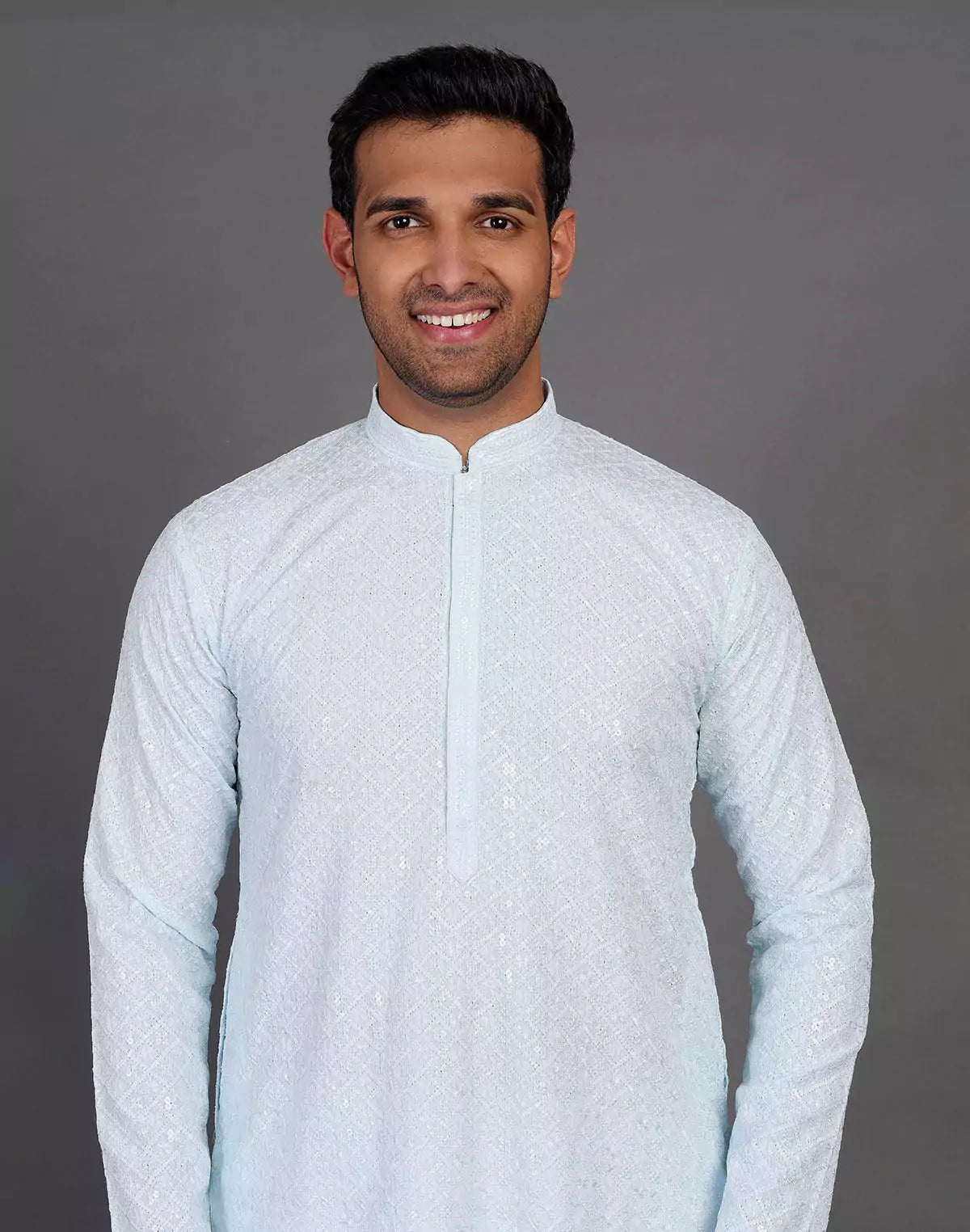 Image of Sea Blue Self Thread and Sequence Design Georgette Kurta Pyjama Set - South India Shopping Mall