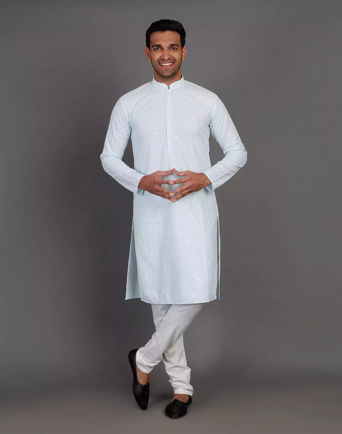 Image of Sea Blue Self Thread and Sequence Design Georgette Kurta Pyjama Set - South India Shopping Mall