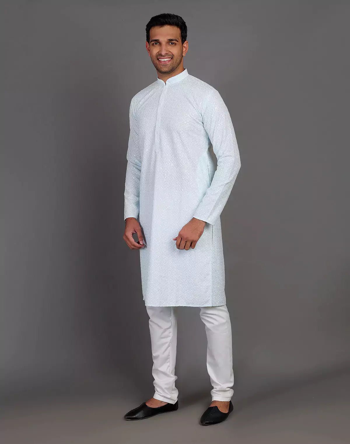 Image of Sea Blue Self Thread and Sequence Design Georgette Kurta Pyjama Set - South India Shopping Mall