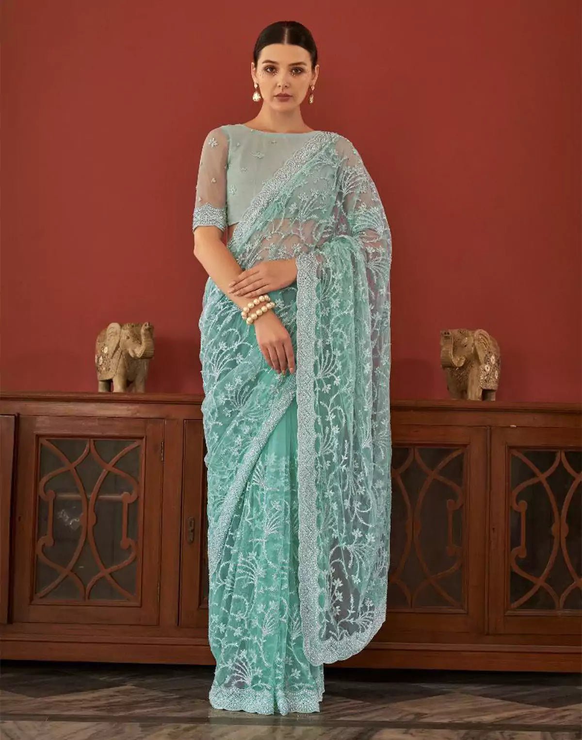 Image of Sea Green All Over Floral Embroidery Work Netted Saree With Designer Blouse - South India Shopping Mall