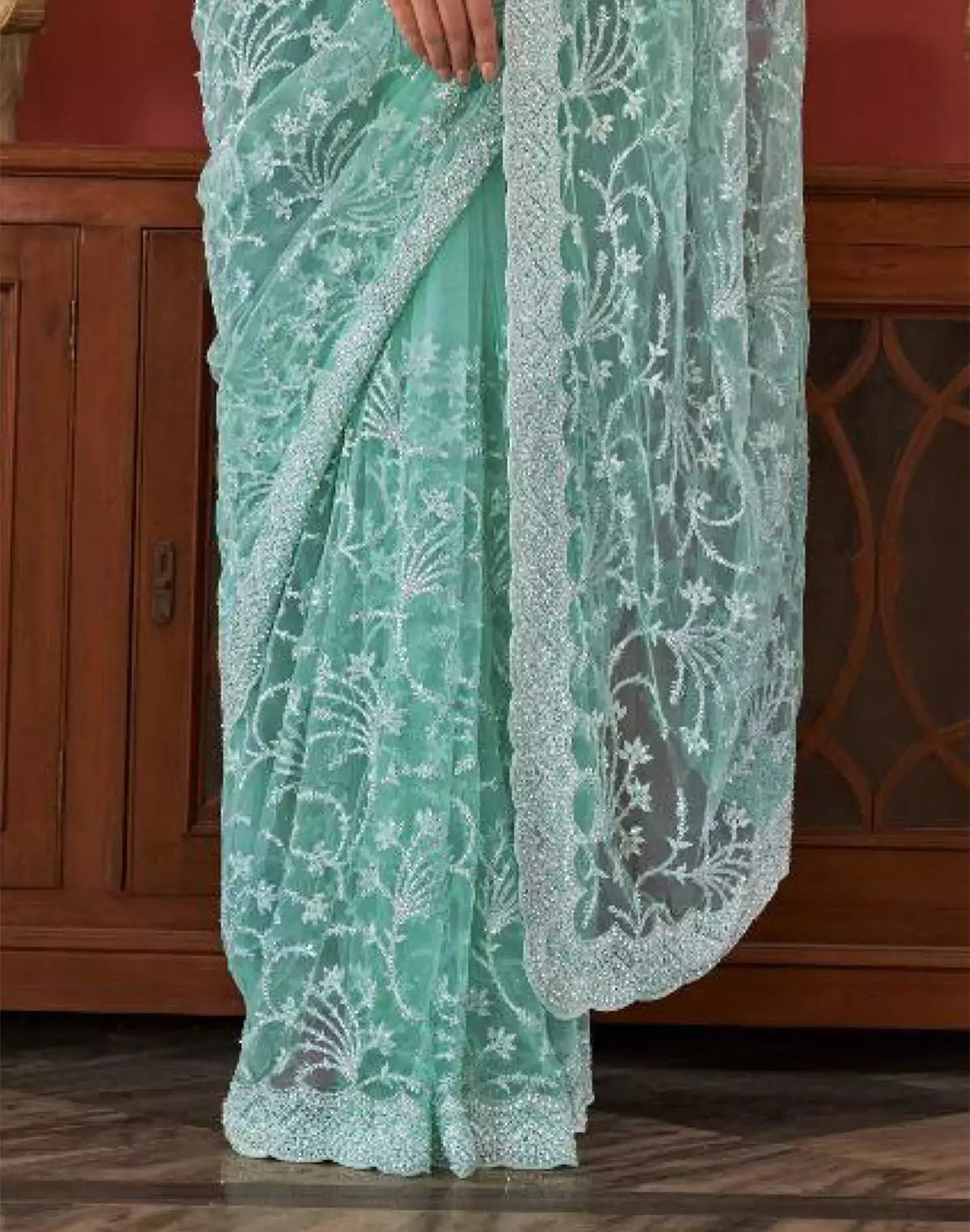 Image of Sea Green All Over Floral Embroidery Work Netted Saree With Designer Blouse - South India Shopping Mall