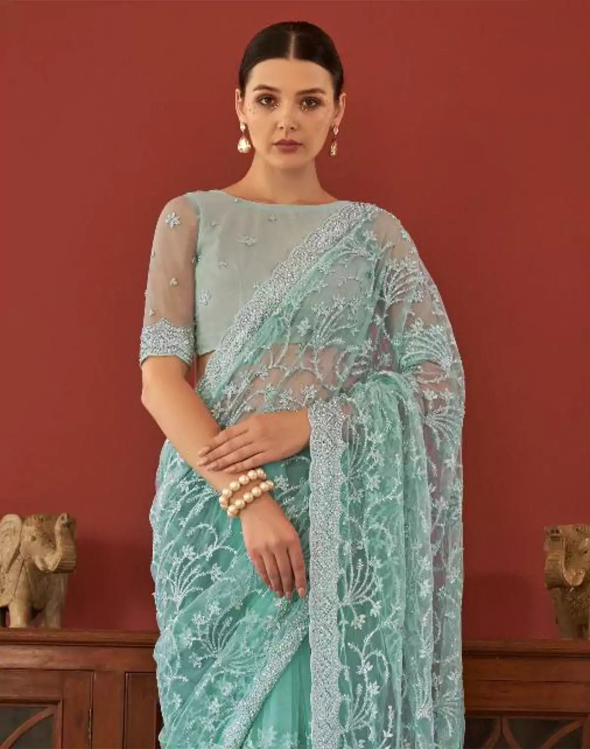 Sea Green All Over Floral Embroidery Work Netted Saree With Designer Blouse - South India Shopping Mall
