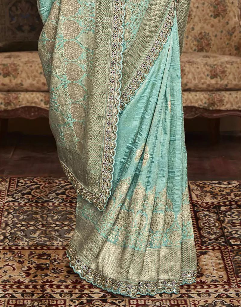 Image of Sea Green Banarasi Designer Dola Silk Saree With Embroidered Blouse - South India Shopping Mall