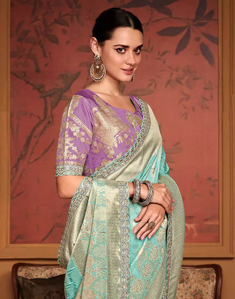Sea Green Banarasi Designer Dola Silk Saree With Embroidered Blouse - South India Shopping Mall