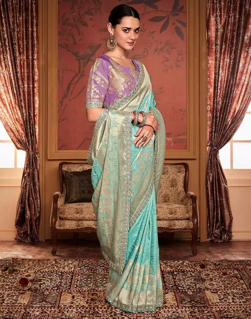 Image of Sea Green Banarasi Designer Dola Silk Saree With Embroidered Blouse - South India Shopping Mall