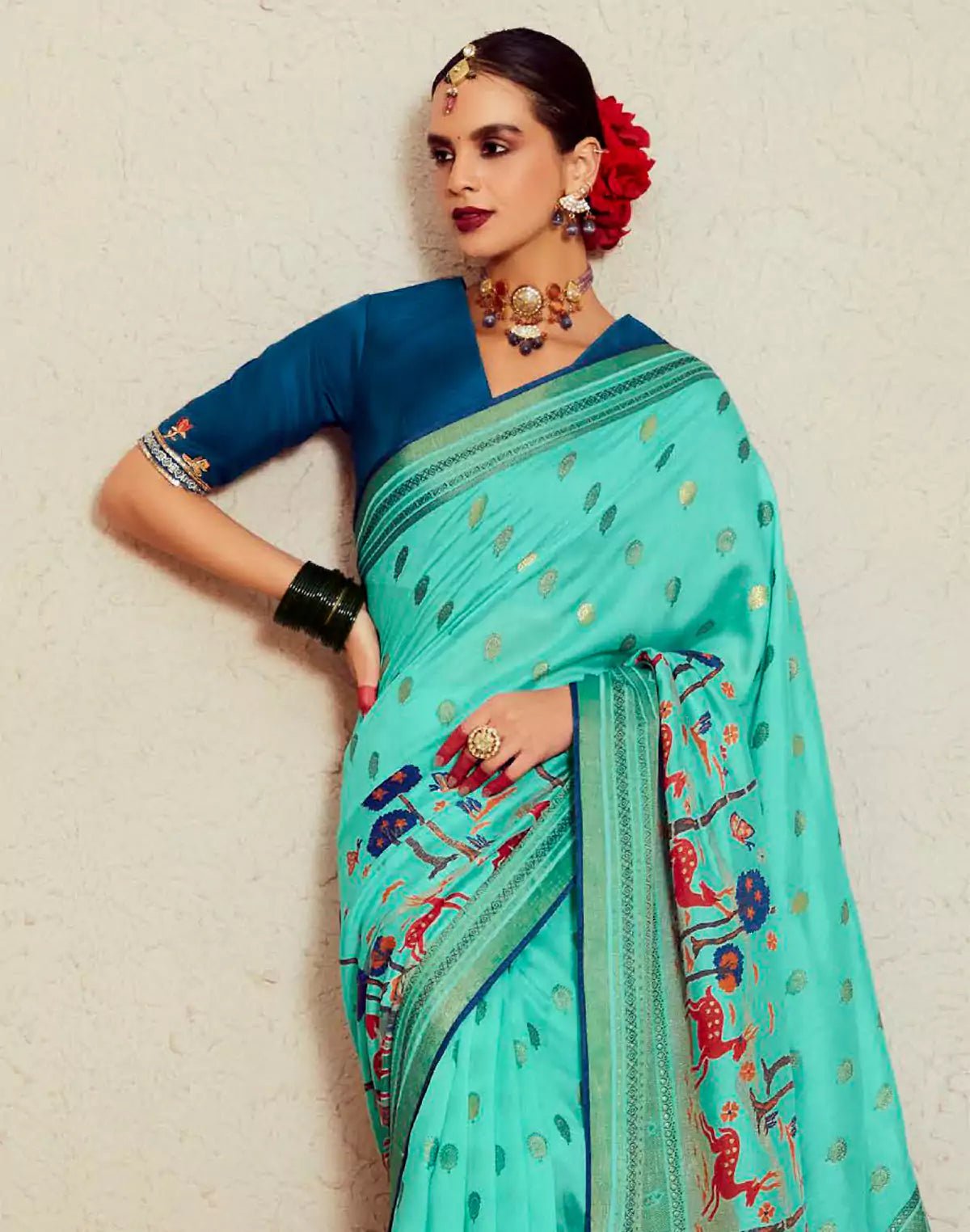 Image of Sea Green Brasso Silk Saree With Embroidered Blouse - South India Shopping Mall