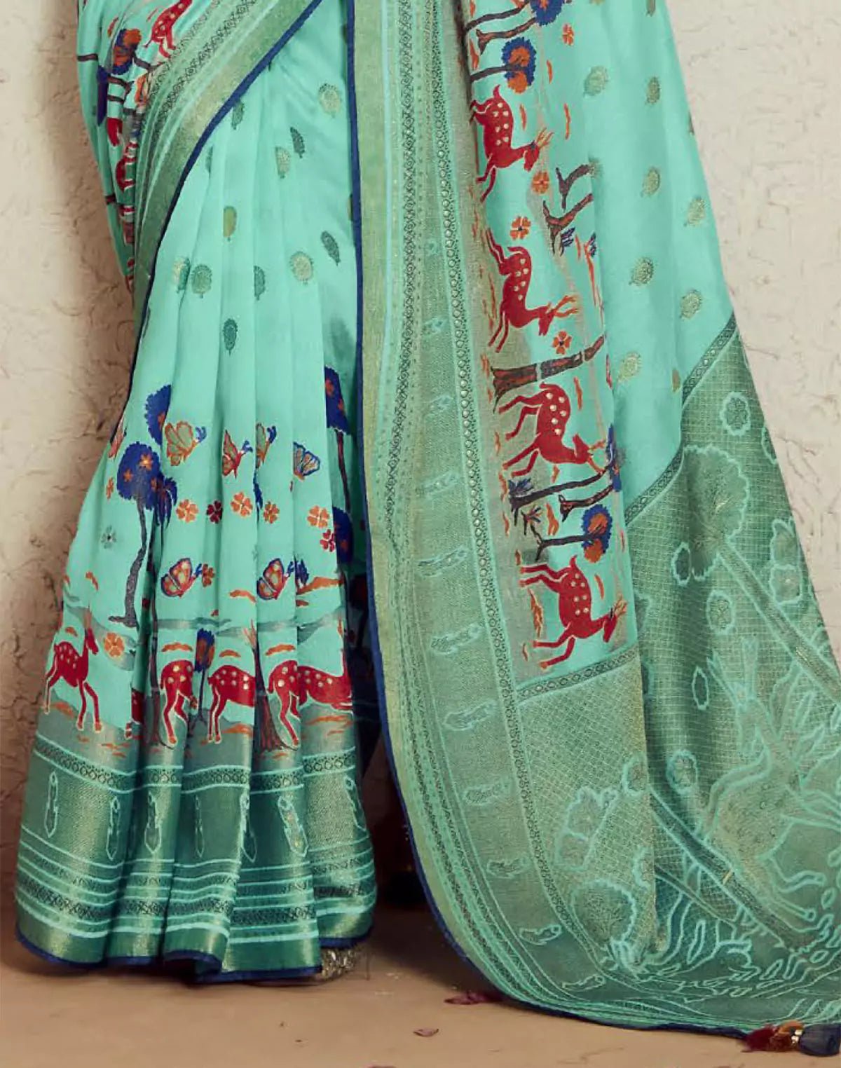 Image of Sea Green Brasso Silk Saree With Embroidered Blouse - South India Shopping Mall