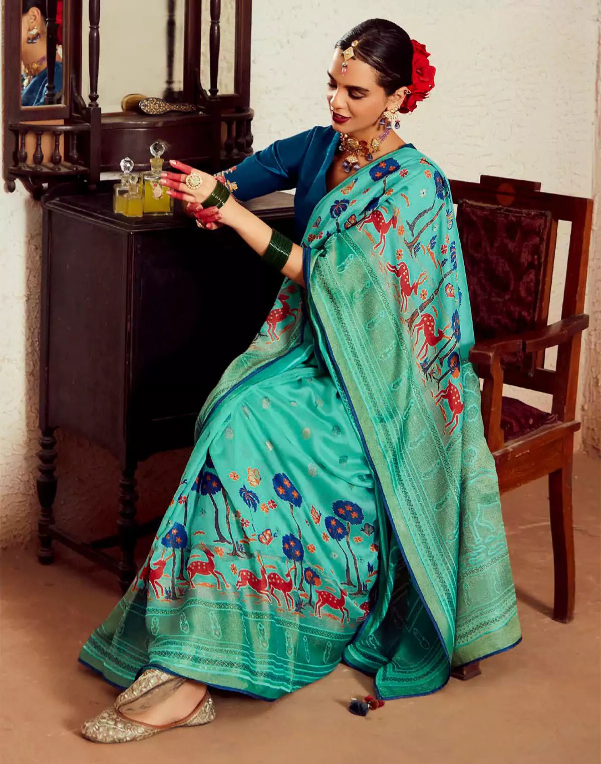 Image of Sea Green Brasso Silk Saree With Embroidered Blouse - South India Shopping Mall