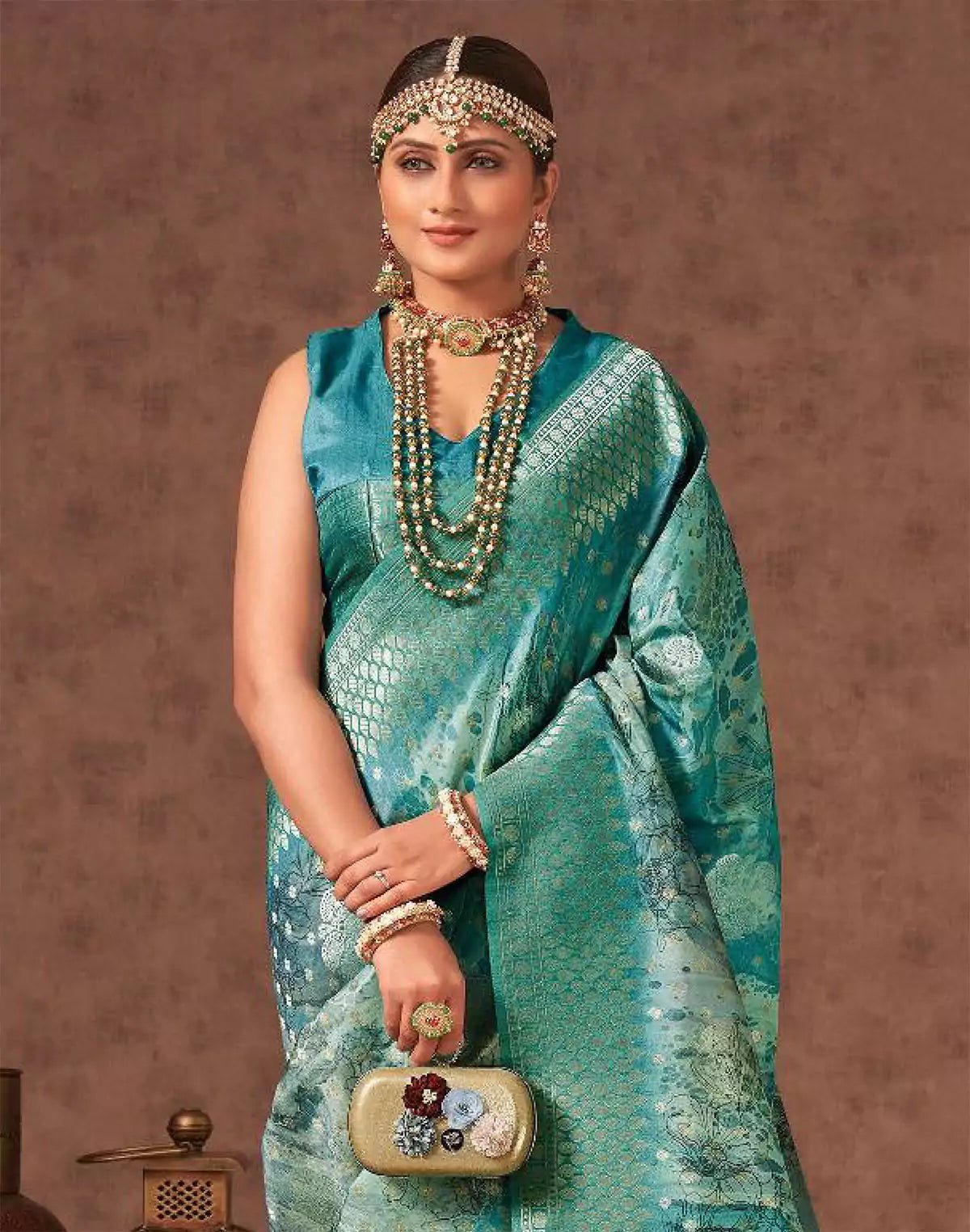 Image of Sea Green Digital Floral Design Organza Party Wear Saree - South India Shopping Mall