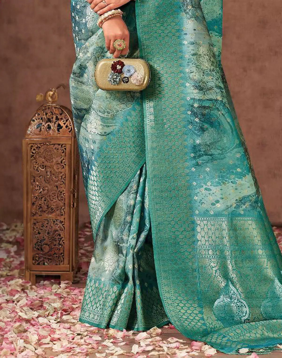 Sea Green Digital Floral Design Organza Party Wear Saree - South India Shopping Mall