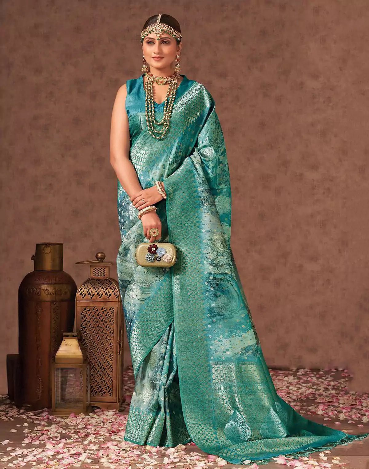 Image of Sea Green Digital Floral Design Organza Party Wear Saree - South India Shopping Mall