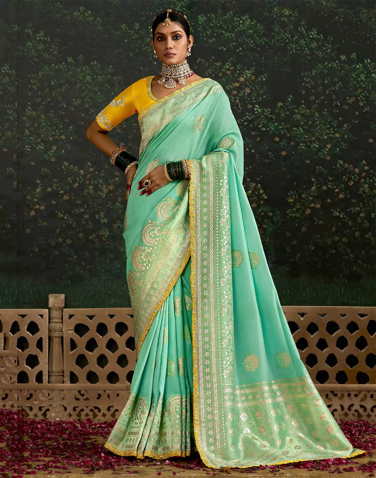 Image of Sea Green Floral Bunches Dola Silk Saree and Embroidery Work Blouse - South India Shopping Mall
