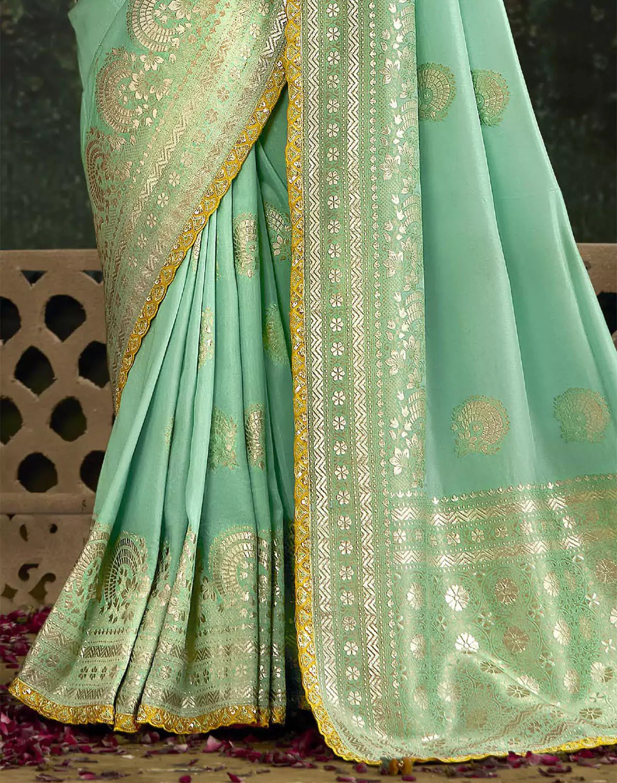Image of Sea Green Floral Bunches Dola Silk Saree and Embroidery Work Blouse - South India Shopping Mall