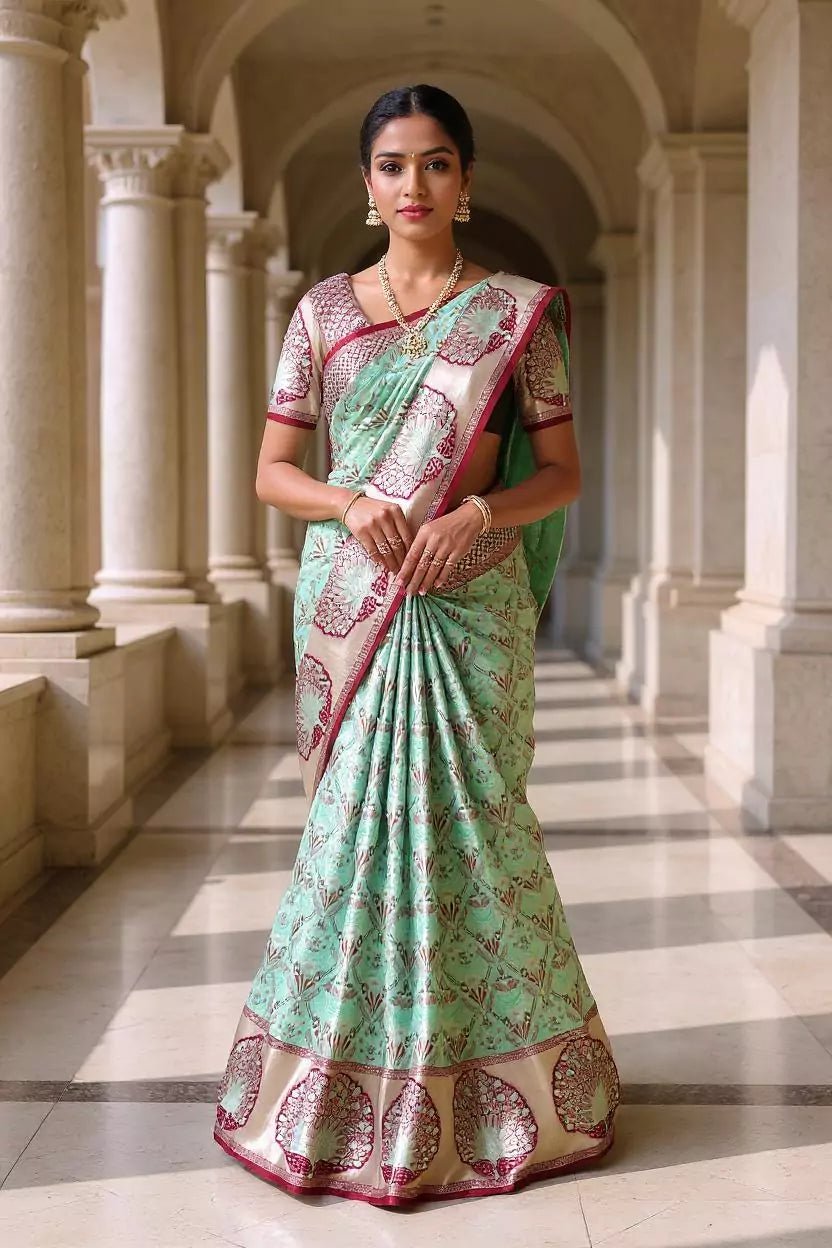 Image of Sea Green Floral Kanchi Meenakari Design Silk Saree - South India Shopping Mall