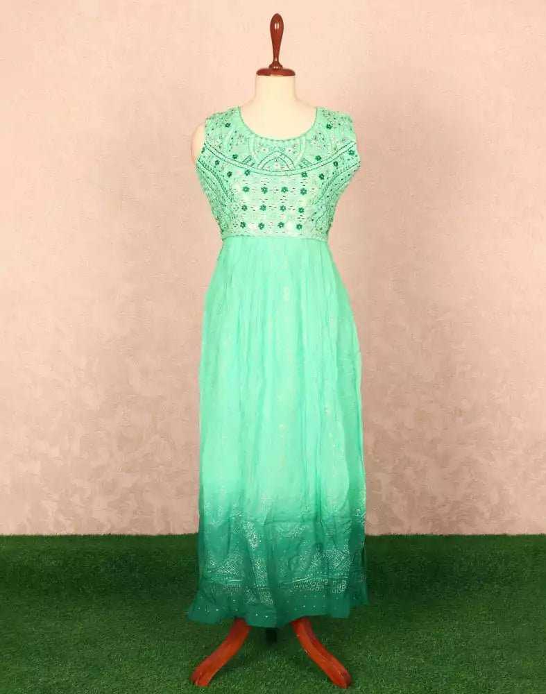 Image of Sea Green Floral Mirror work Georgette Kurti - South India Shopping Mall
