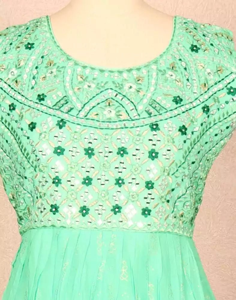 Image of Sea Green Floral Mirror work Georgette Kurti - South India Shopping Mall