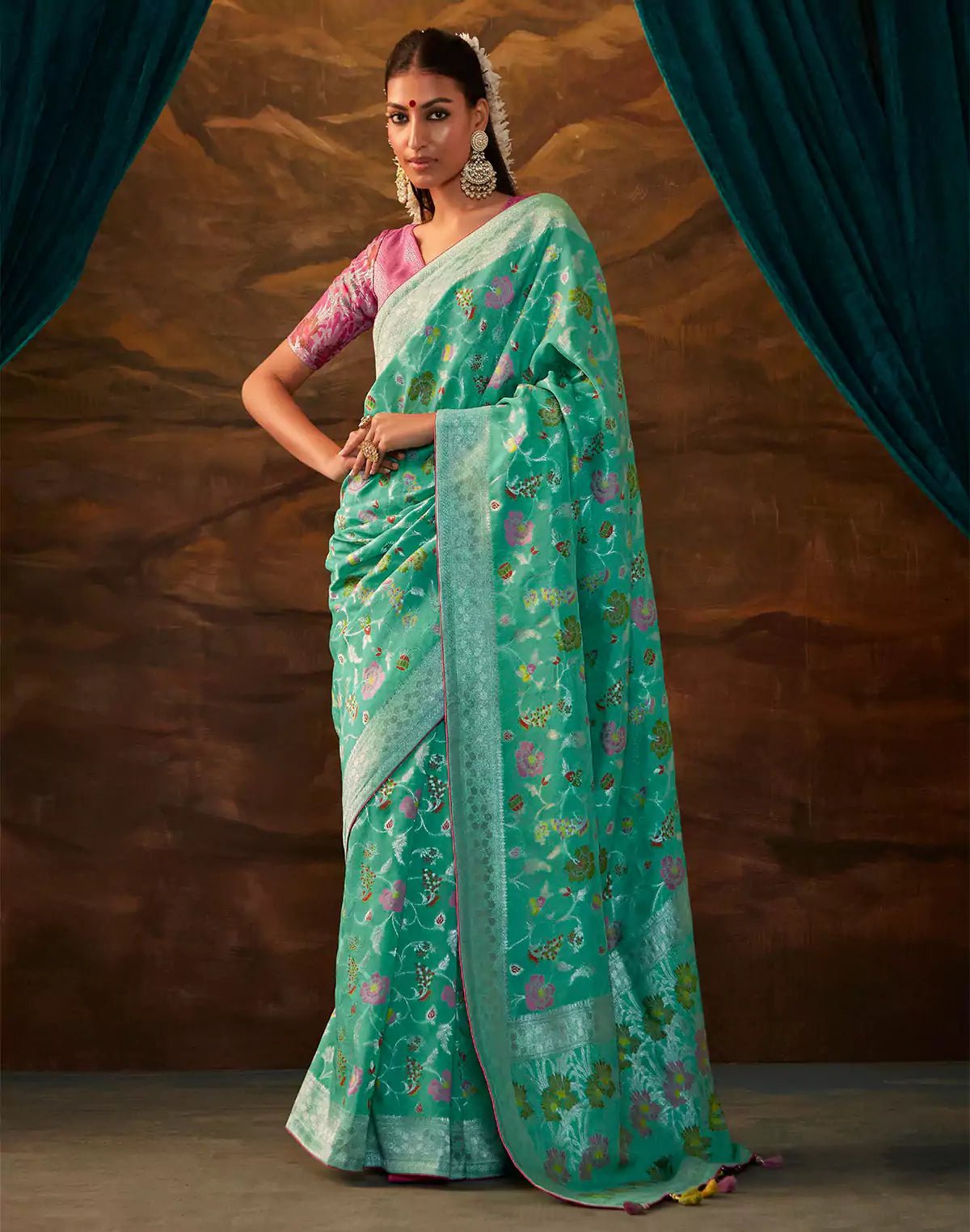 Image of Sea Green Floral Paithani Banarasi Dola Silk Saree - South India Shopping Mall