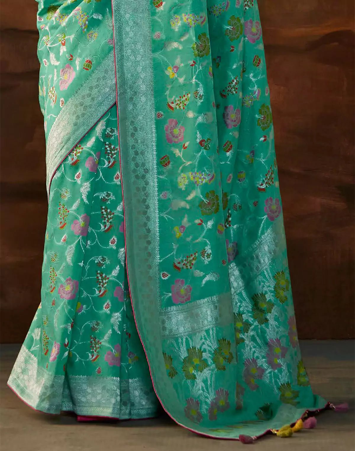 Image of Sea Green Floral Paithani Banarasi Dola Silk Saree - South India Shopping Mall