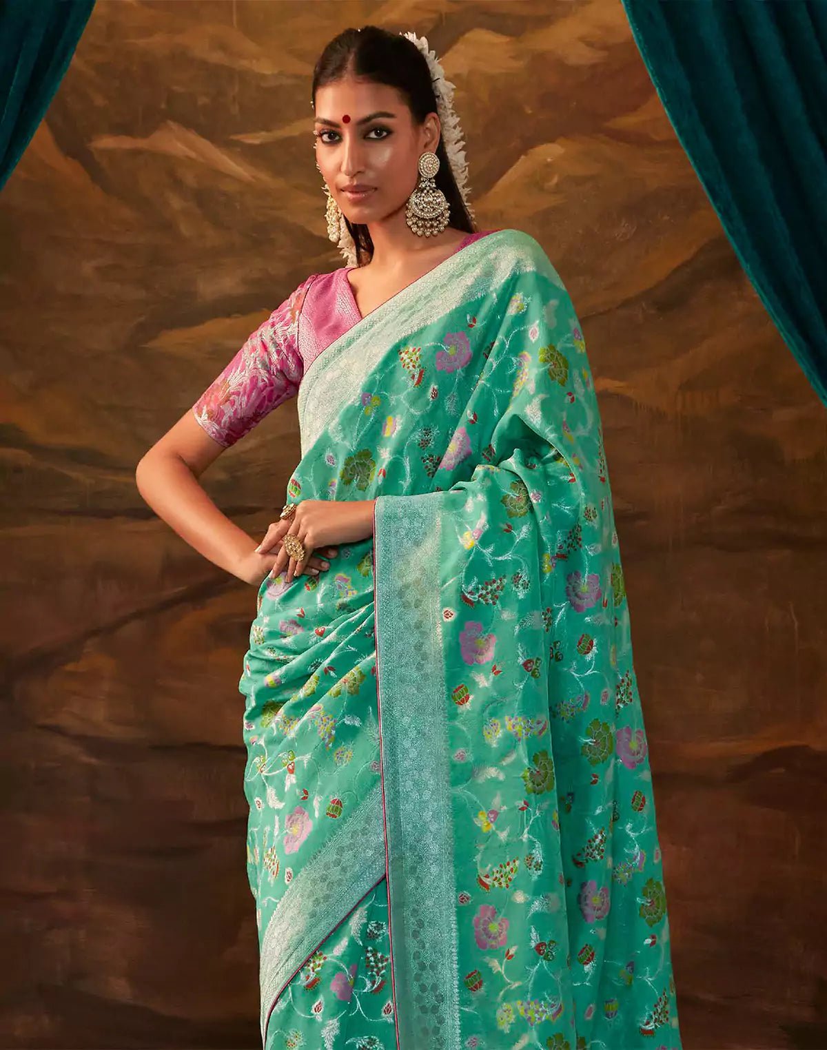 Image of Sea Green Floral Paithani Banarasi Dola Silk Saree - South India Shopping Mall