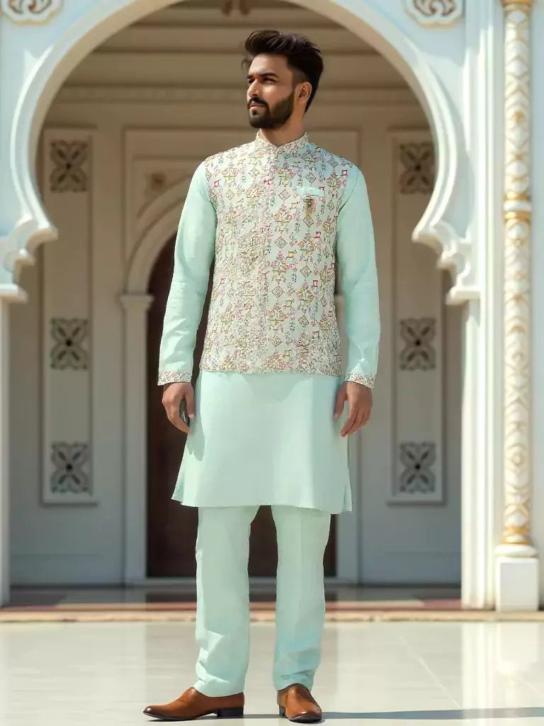 Image of Sea Green Floral Print Giza Cotton Kurta Jacket Set - South India Shopping Mall