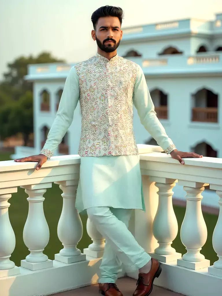 Image of Sea Green Floral Print Giza Cotton Kurta Jacket Set - South India Shopping Mall