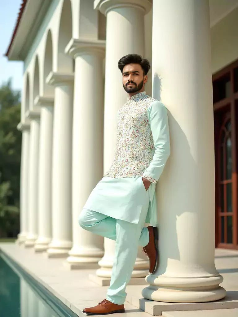 Image of Sea Green Floral Print Giza Cotton Kurta Jacket Set - South India Shopping Mall